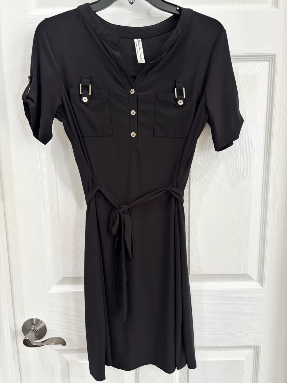 PerSeption Concept Black Tie-Waist Short Sleeve Midi Dress